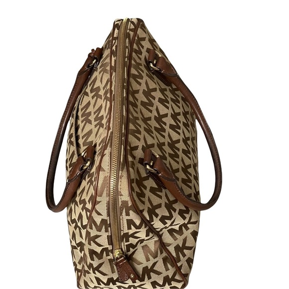 Michael Kors MK Signature Large Satchel Brown & Tan Jacquard Bag - Picture 6 of 15